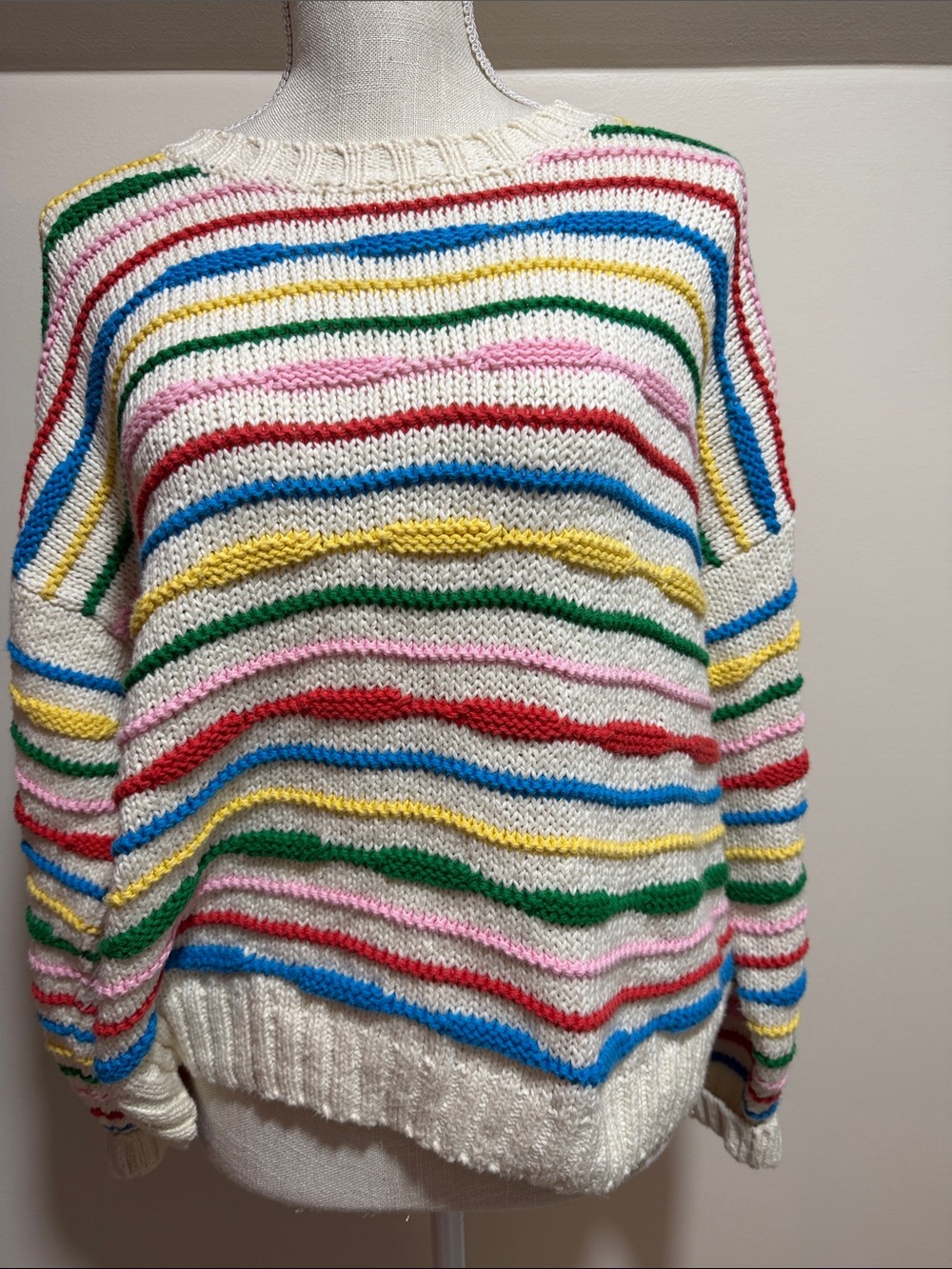 MOTHER The Jumper Cream& Multicolor Striped Crewneck Sweater